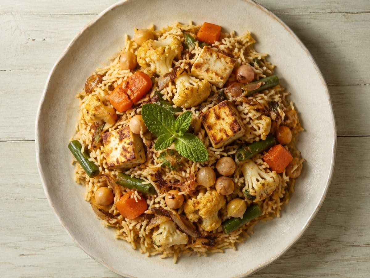 Vegetable Biryani, plated as one serving.