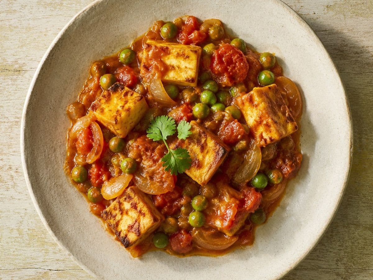 Matar Paneer, plated as one serving.