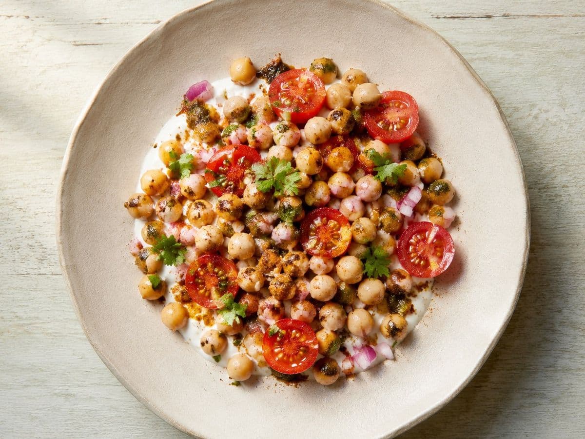 Chana Chaat, plated as one serving.