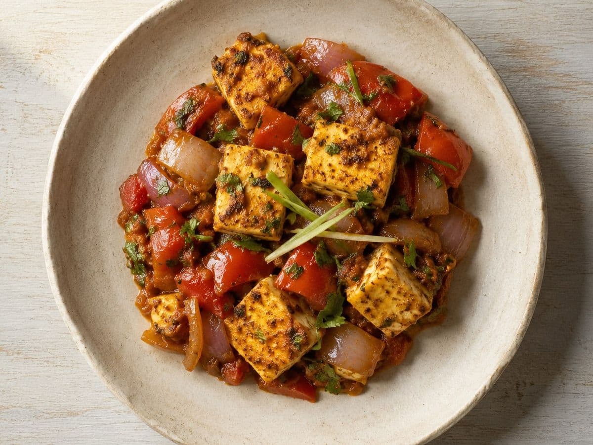 Kadai Paneer, plated as one serving.
