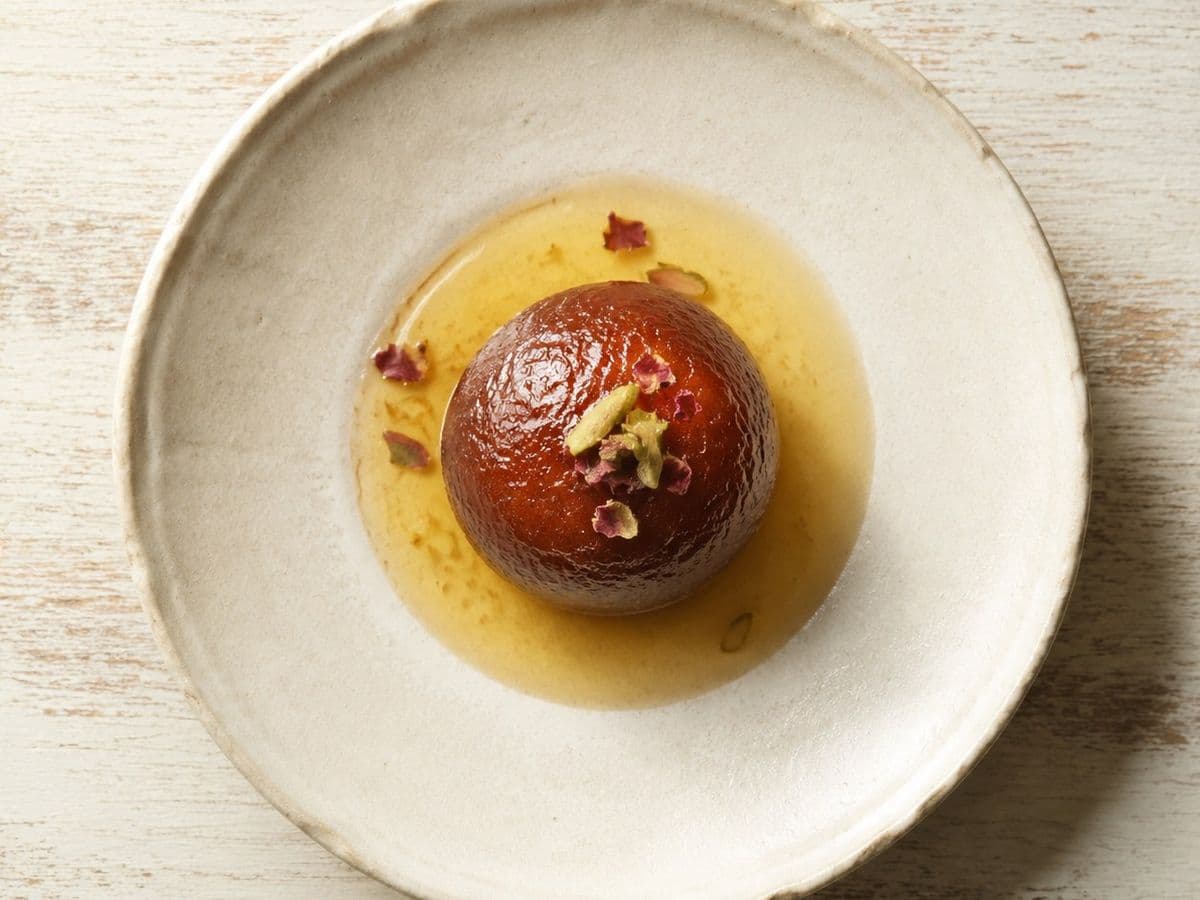 Gulab Jamun, plated as one serving.