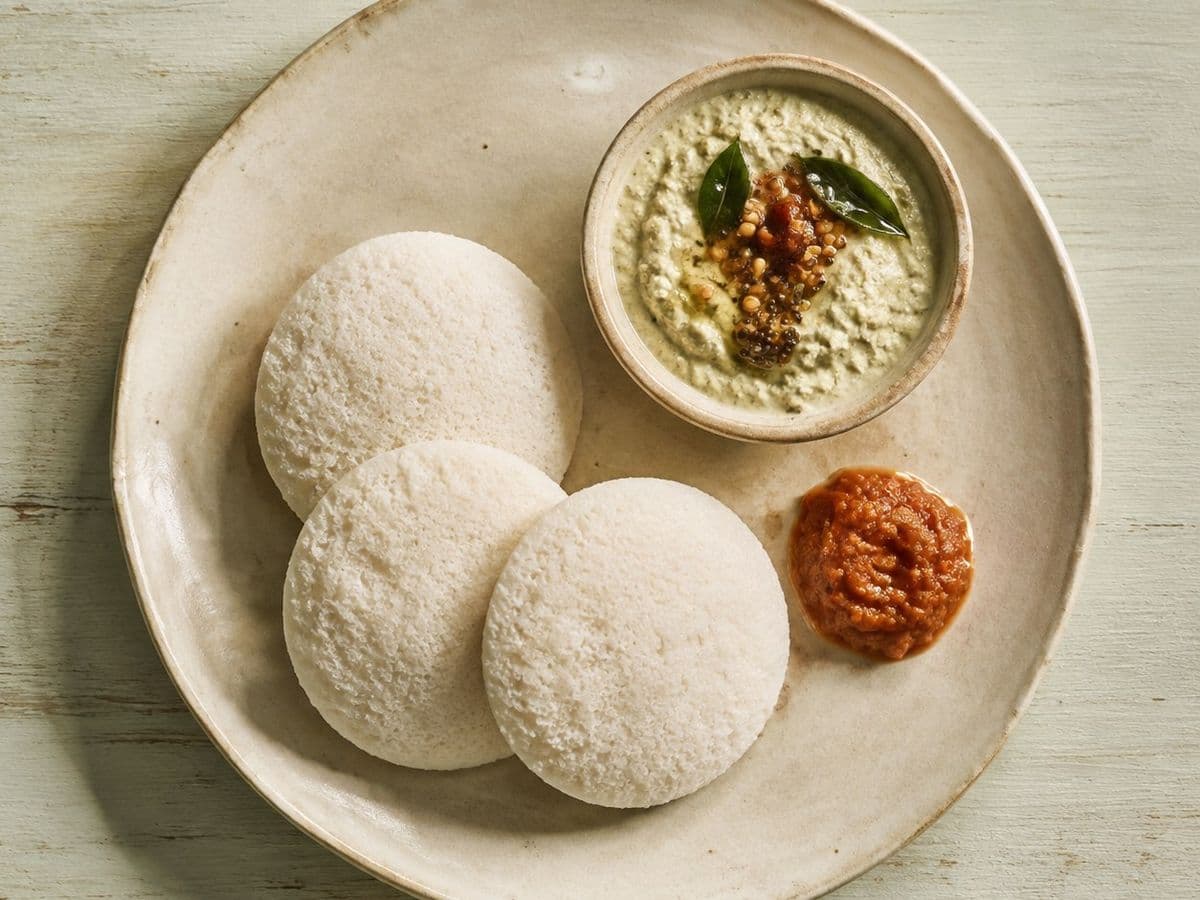 Idli, plated as one serving.