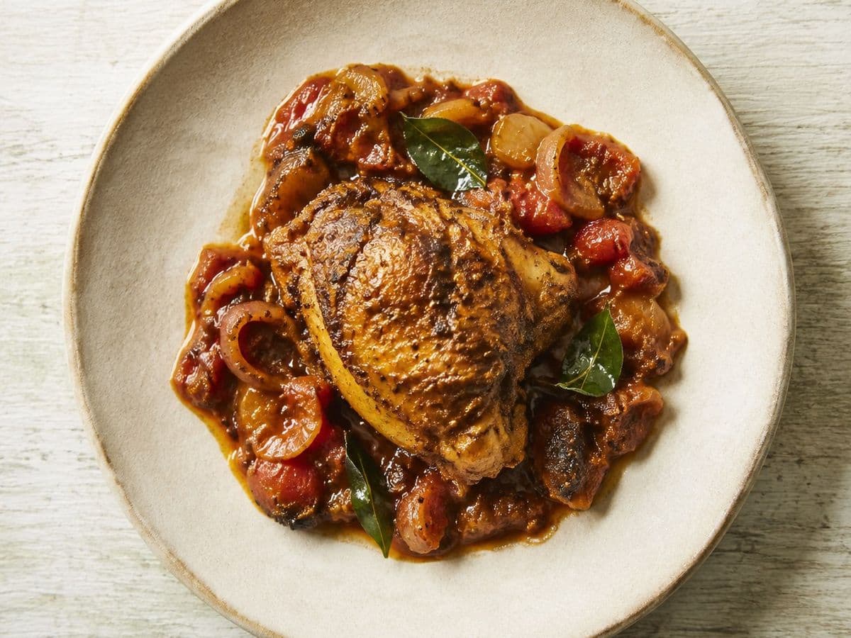 Chicken Chettinad, plated as one serving.
