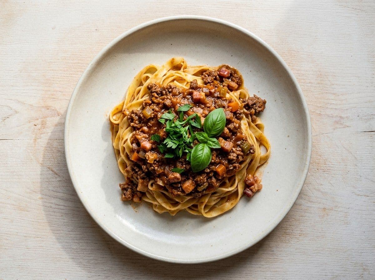 Ragu alla Bolognese, plated as one serving.