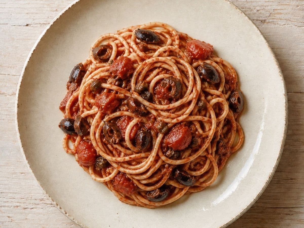 Spaghetti alla Puttanesca, plated as one serving.