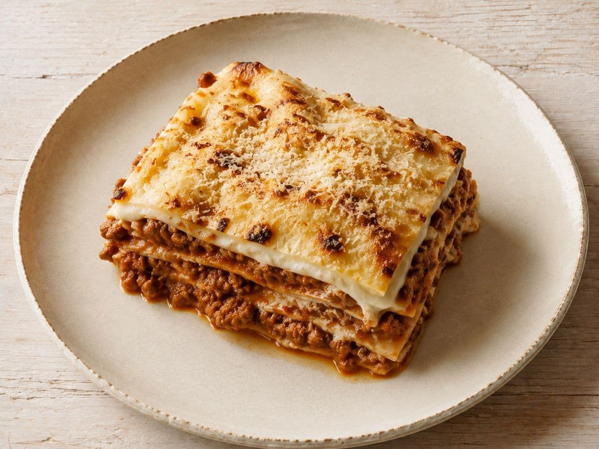 Lasagne alla Bolognese, plated as one serving.