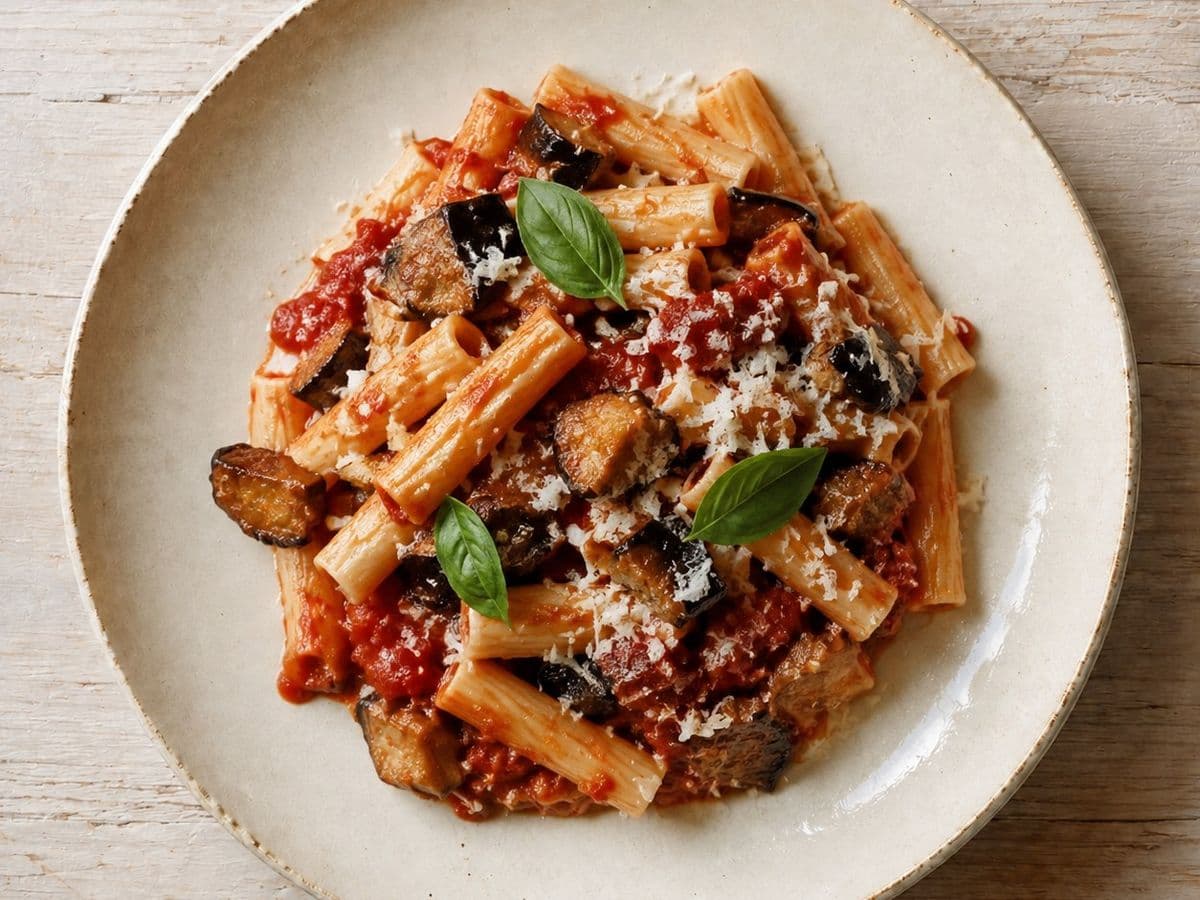 Pasta alla Norma, plated as one serving.