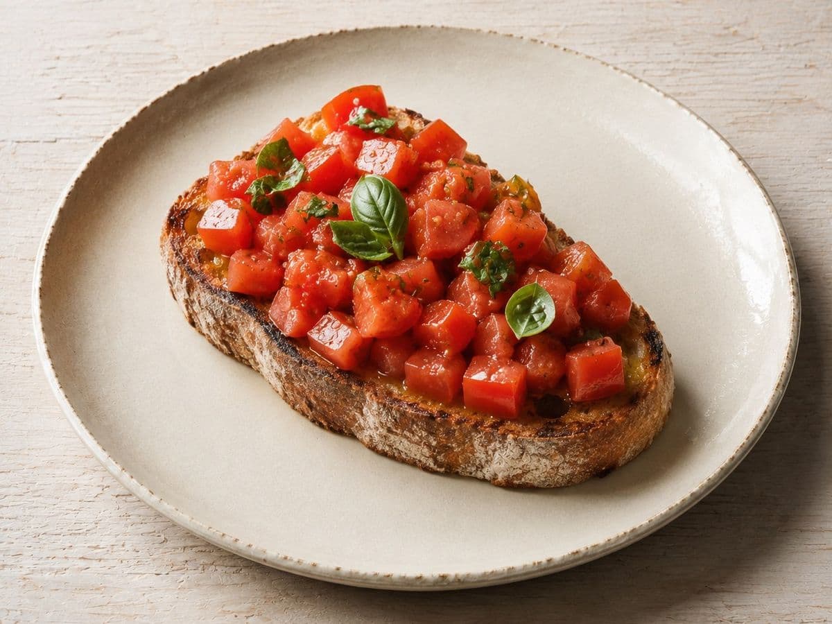 Bruschetta al Pomodoro, plated as one serving.