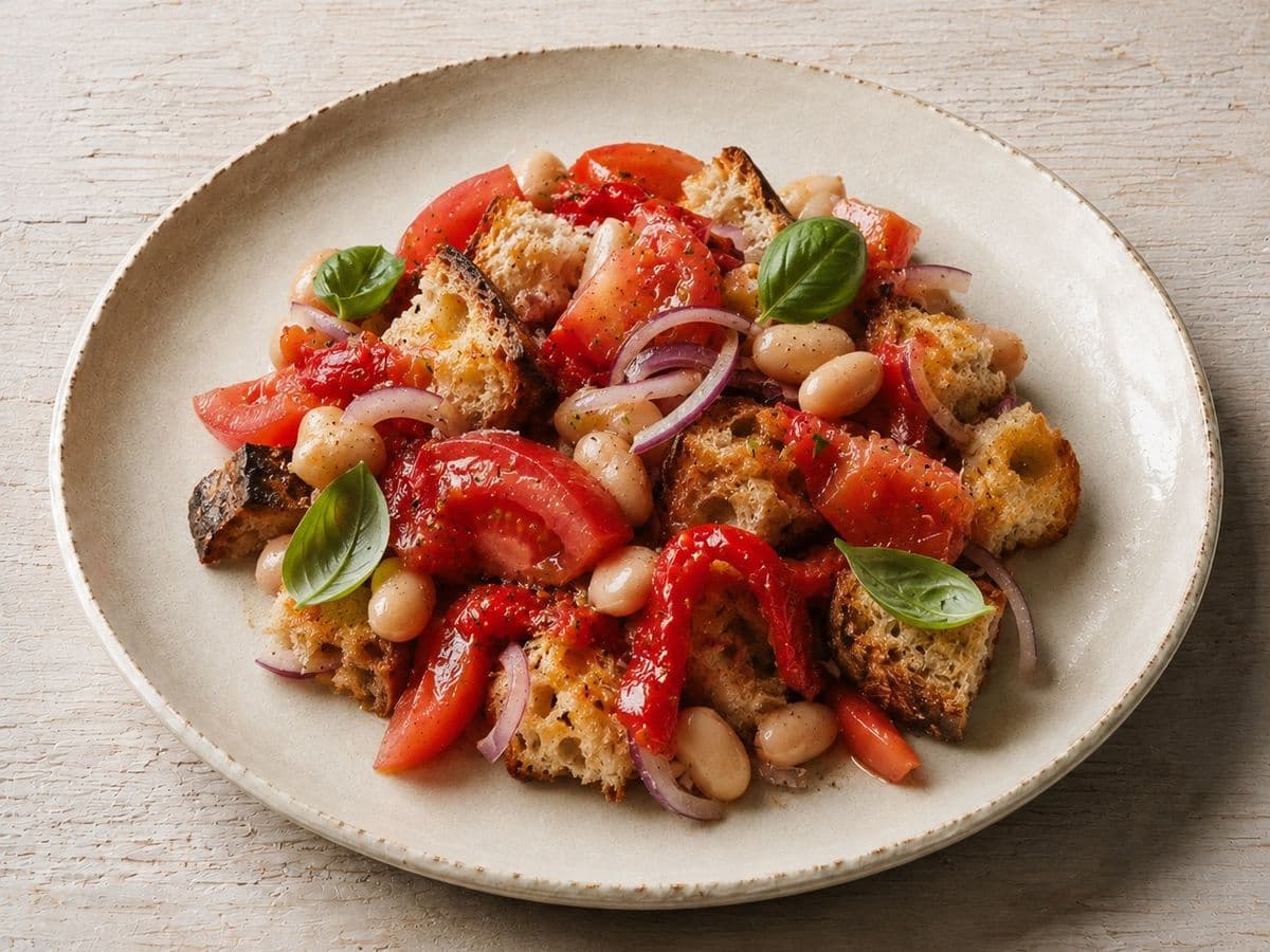 Panzanella, plated as one serving.