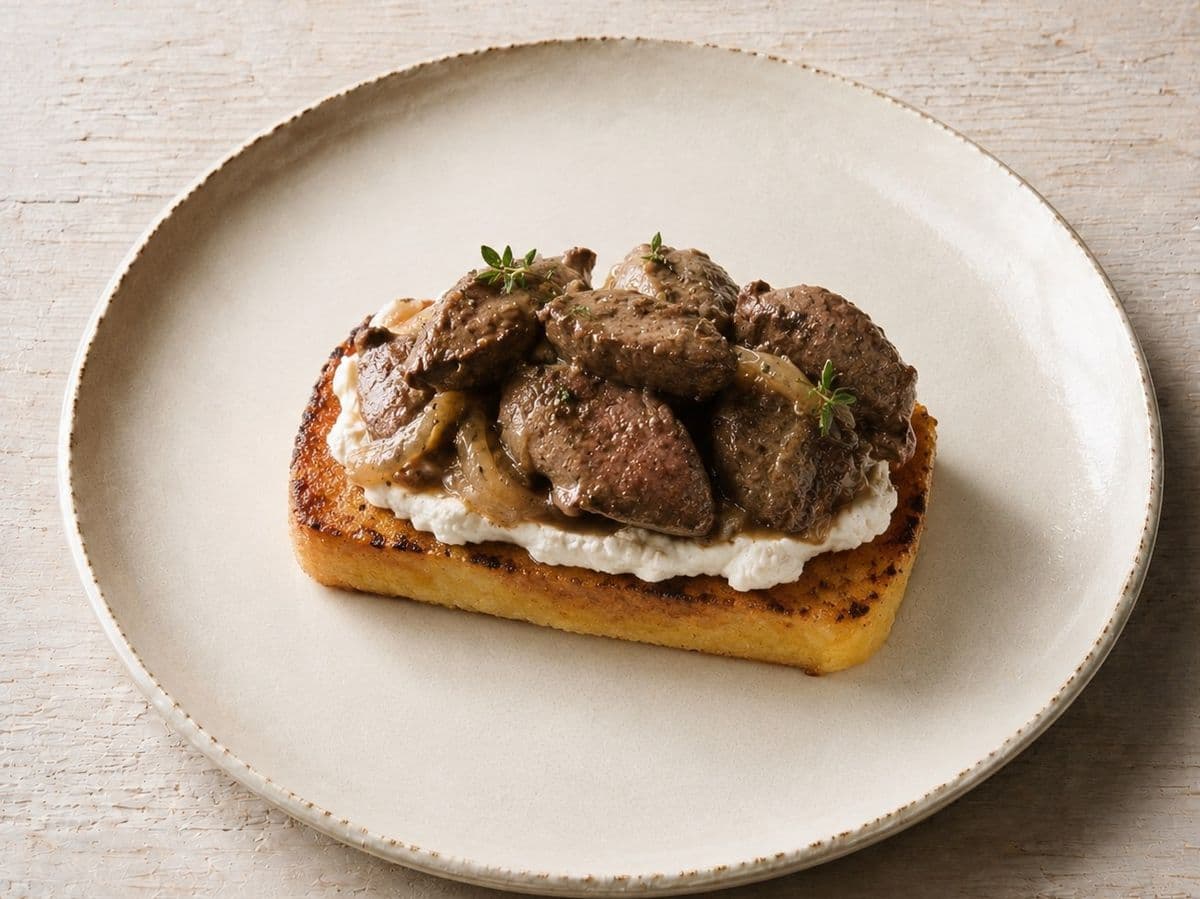 Crostini di Fegatini, plated as one serving.