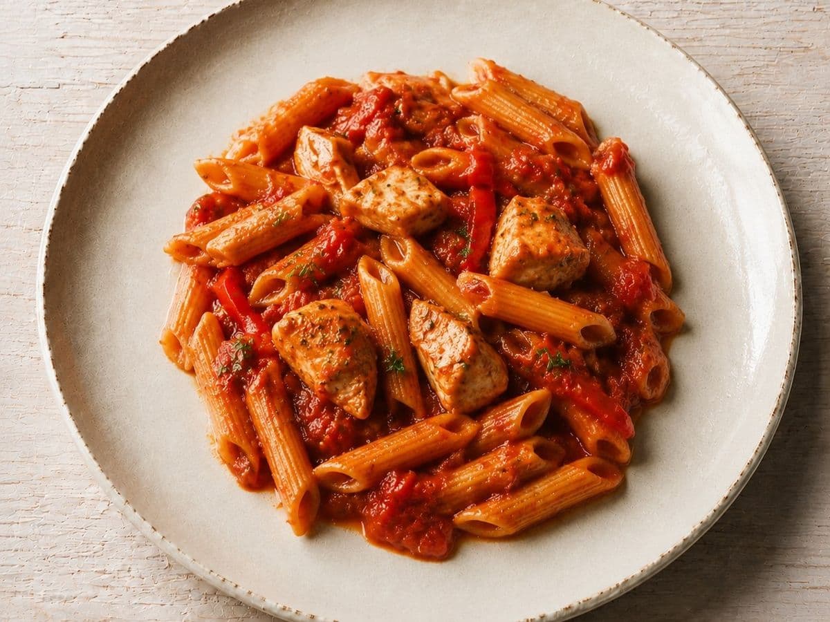 Penne all'Arrabbiata, plated as one serving.