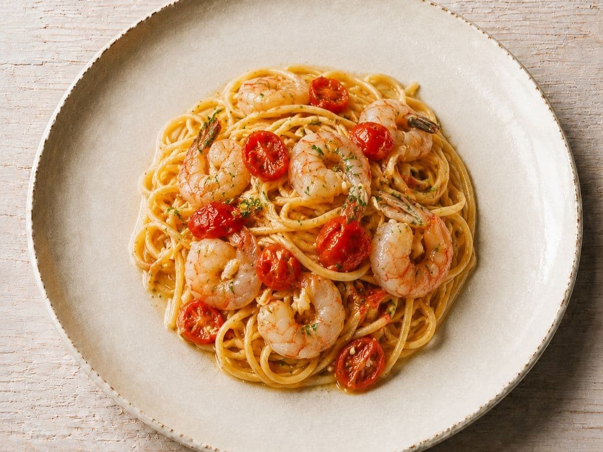 Linguine ai Gamberi, plated as one serving.