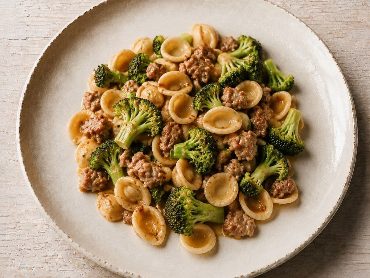 Orecchiette con Salsiccia e Broccoli, plated as one serving.