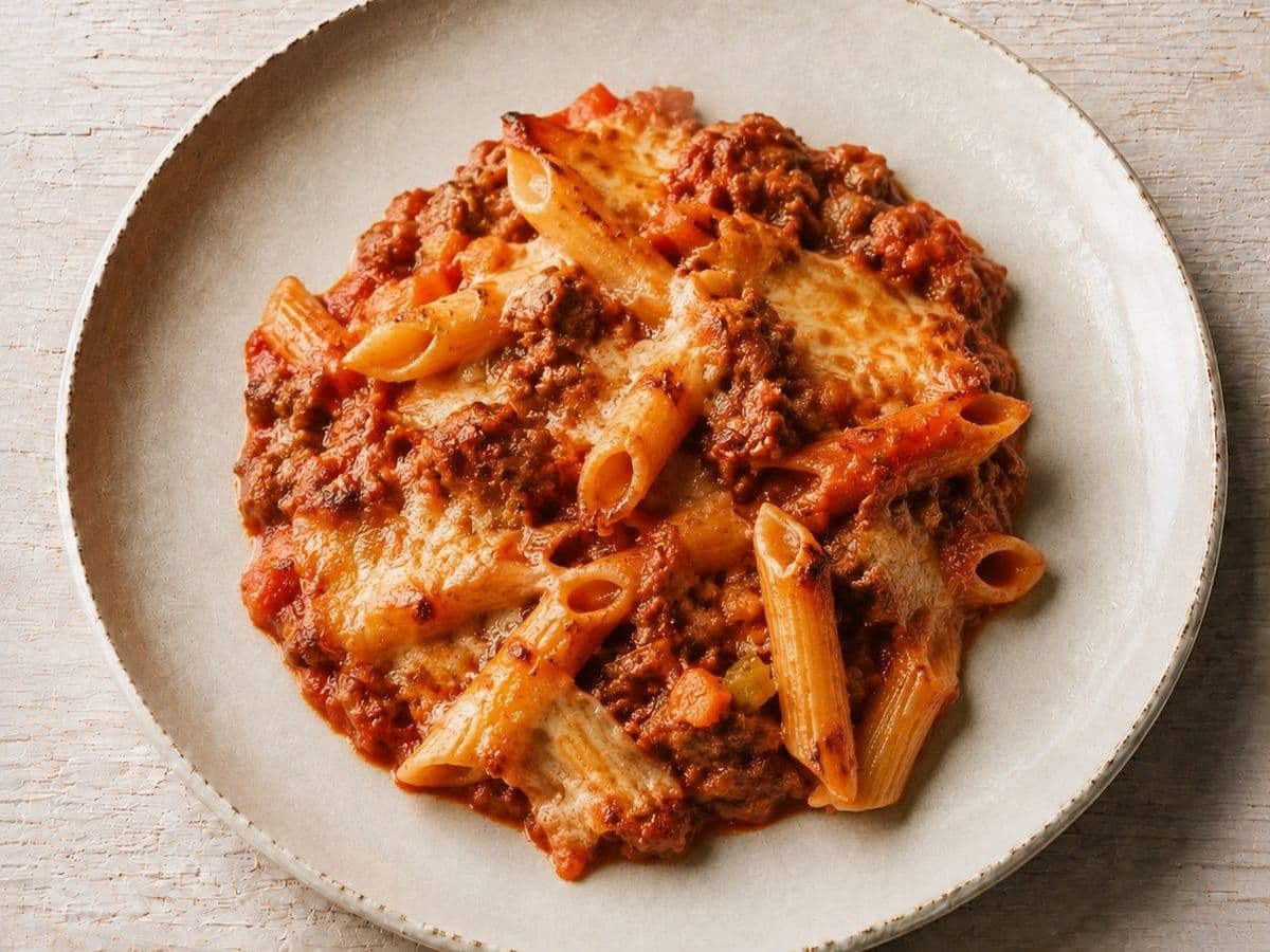 Pasta al Forno, plated as one serving.