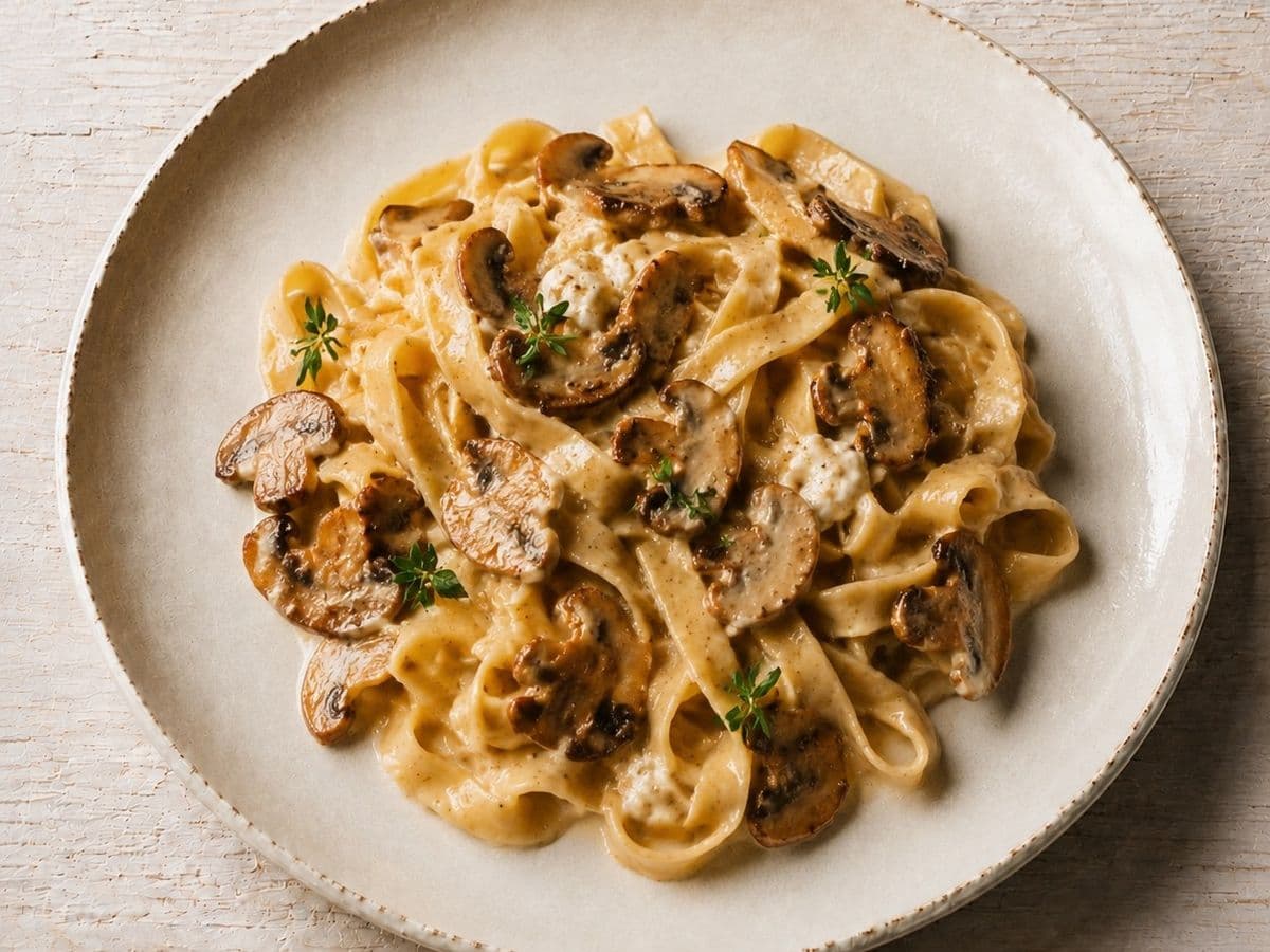 Tagliatelle ai Funghi, plated as one serving.