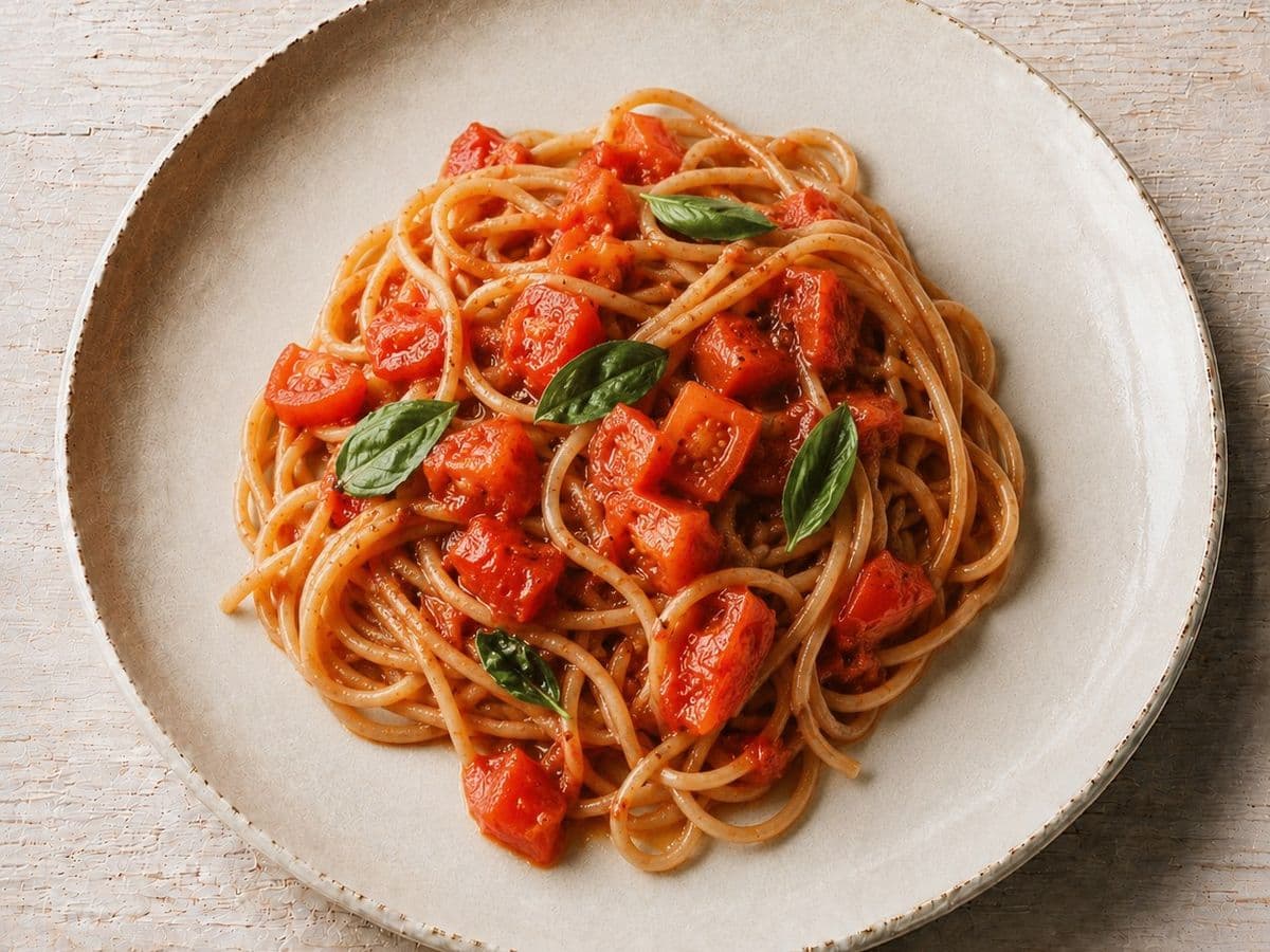 Spaghetti al Pomodoro e Basilico, plated as one serving.