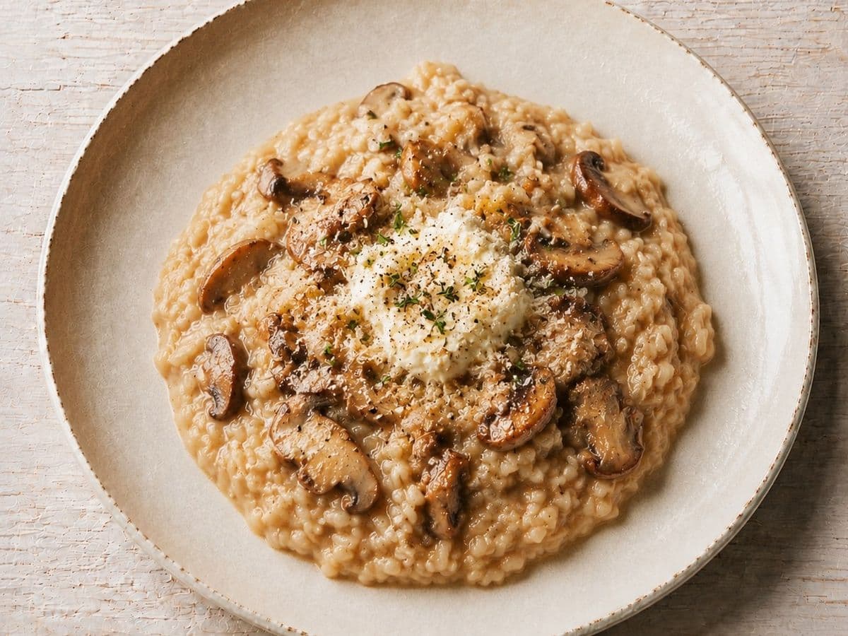 Risotto ai Funghi, plated as one serving.