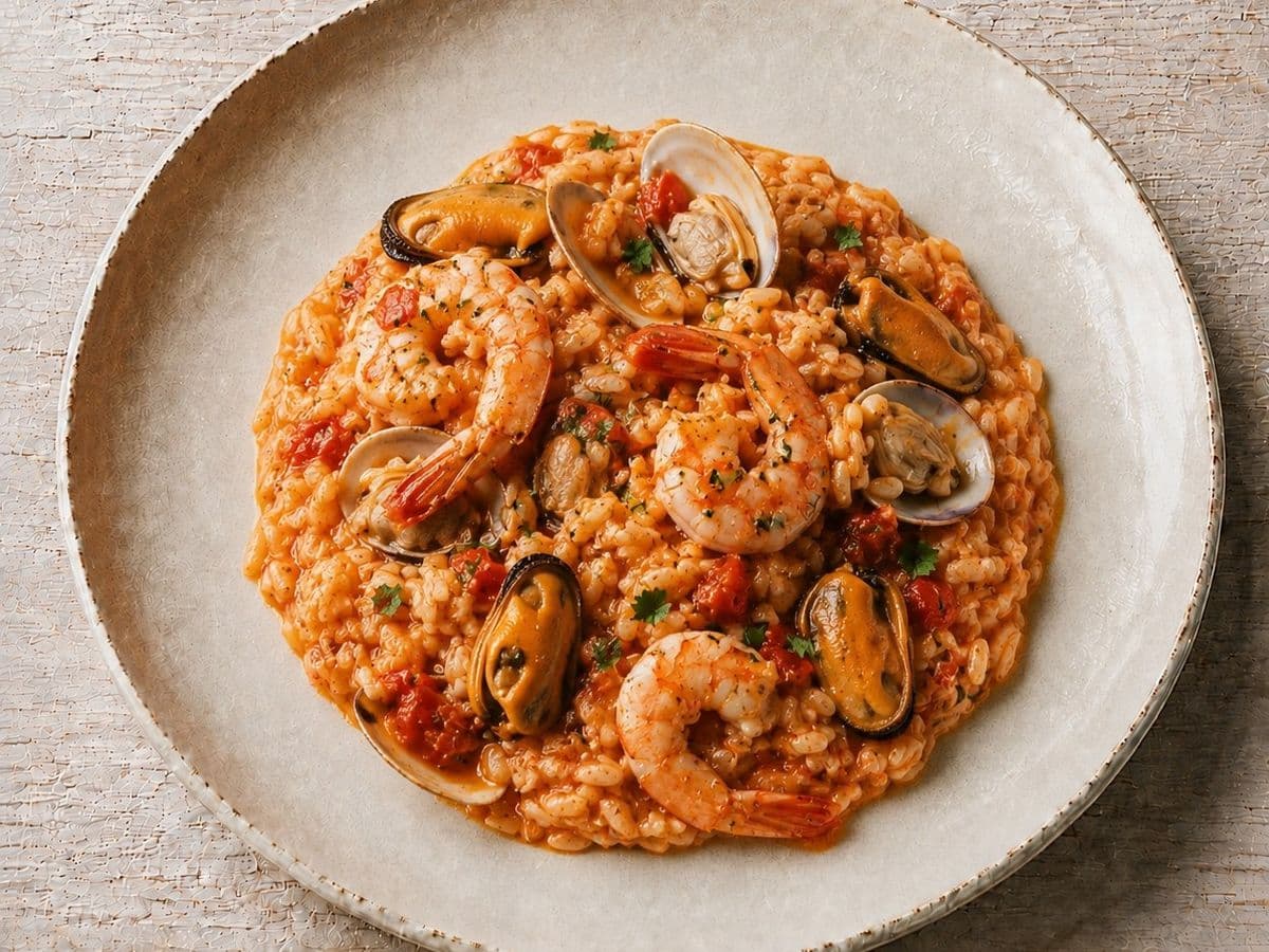 Risotto alla Pescatora, plated as one serving.