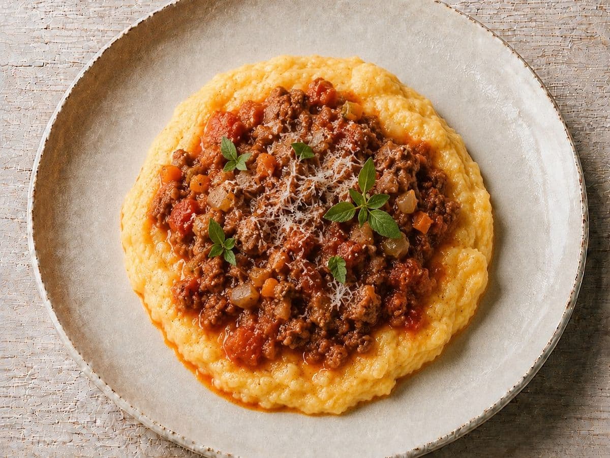 Polenta col Ragu, plated as one serving.