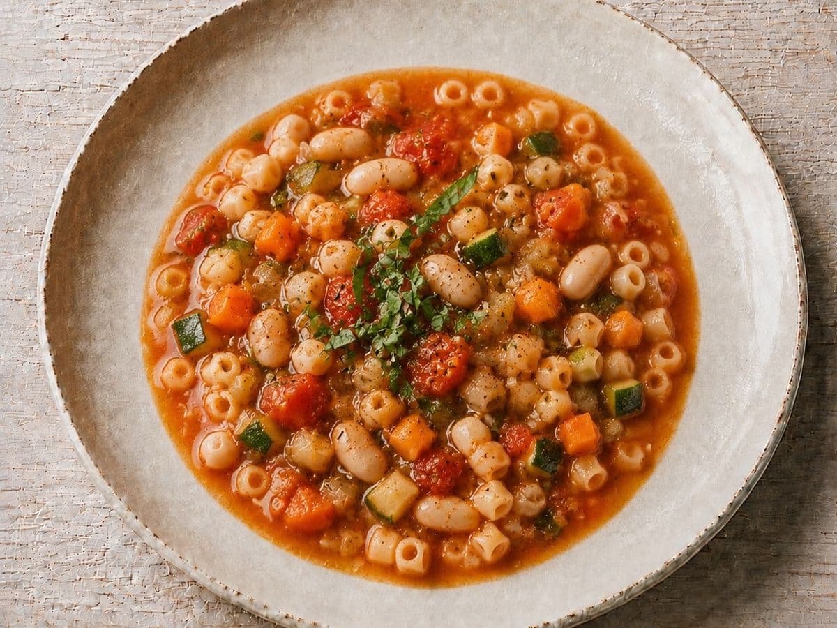 Minestrone, plated as one serving.