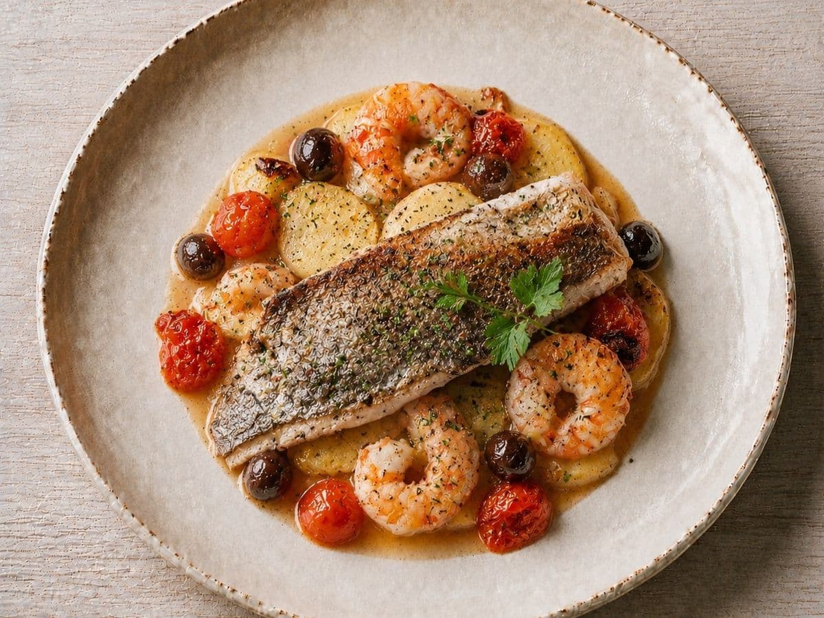 Branzino al Forno, plated as one serving.