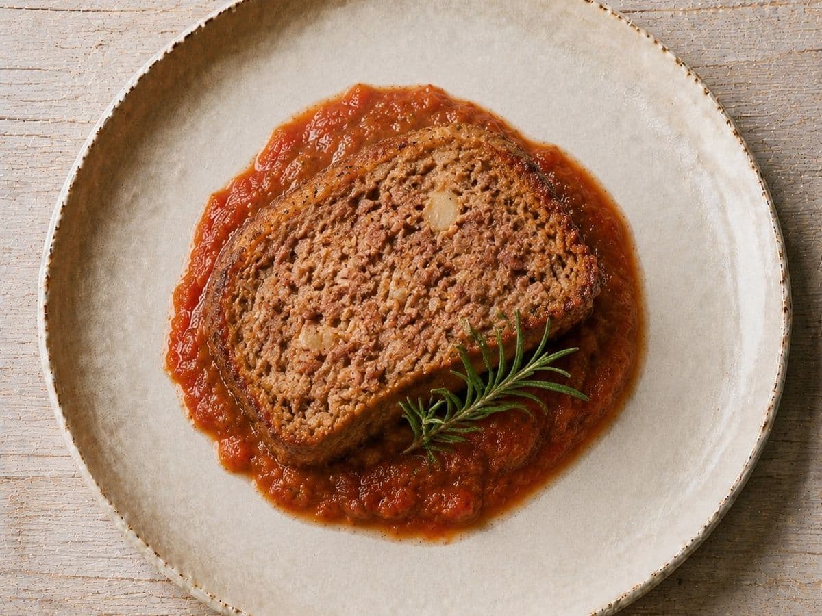 Polpettone, plated as one serving.