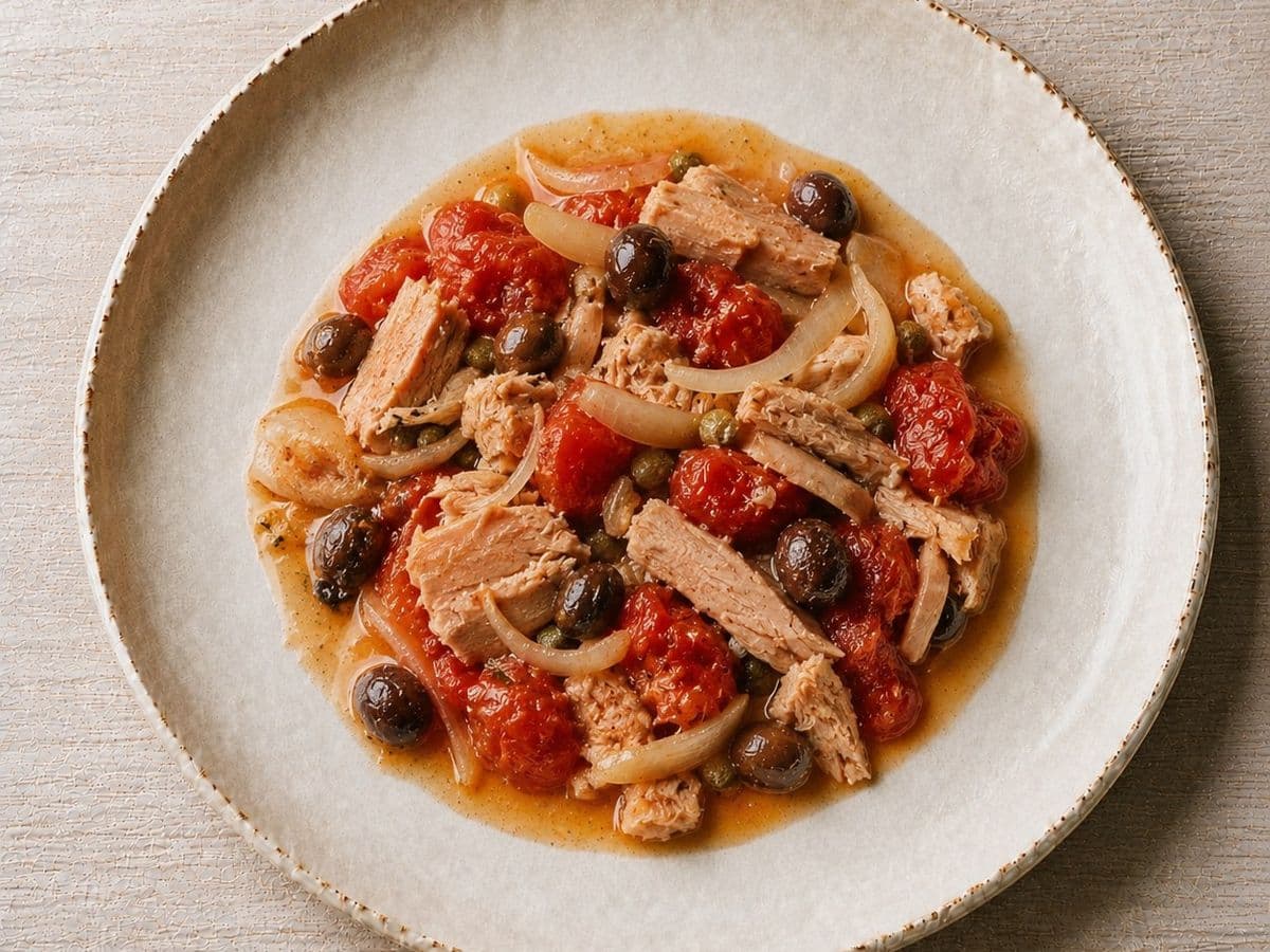 Tonno alla Siciliana, plated as one serving.