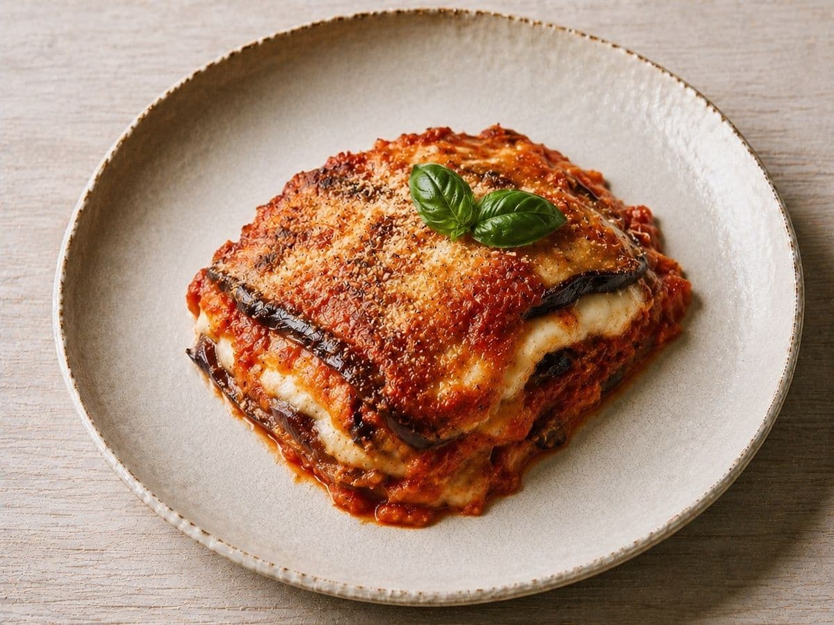 Melanzane alla Parmigiana, plated as one serving.