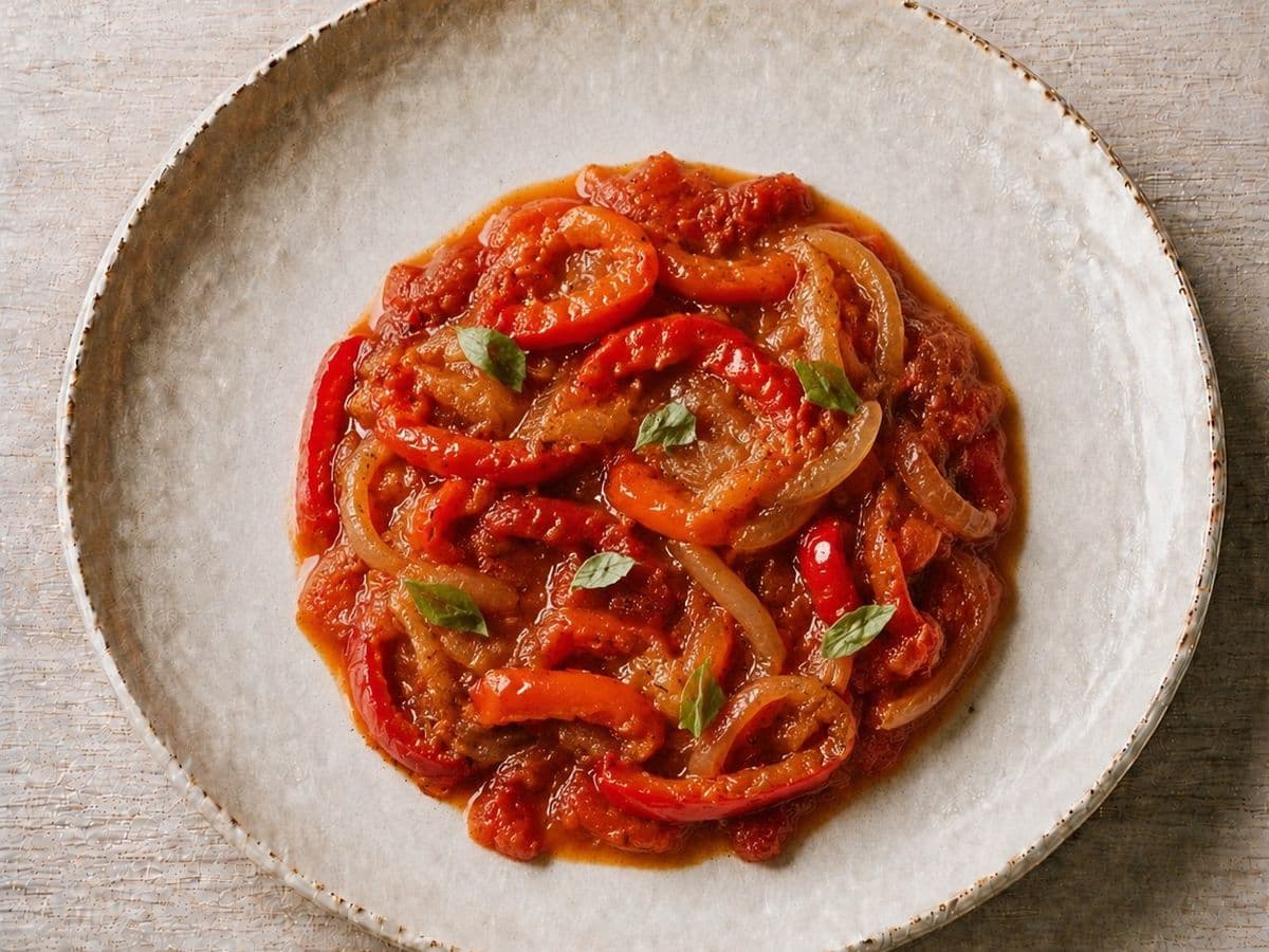 Peperonata, plated as one serving.