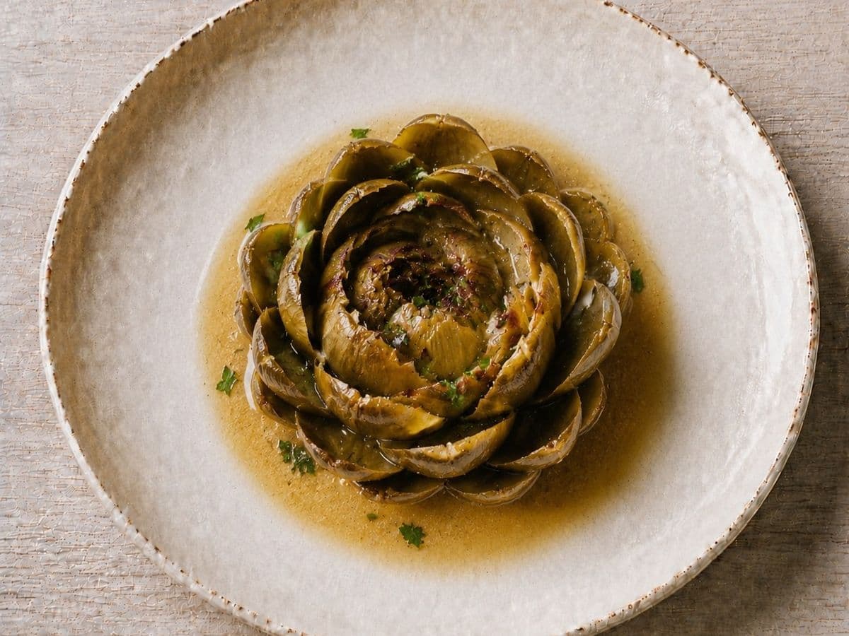 Carciofi alla Romana, plated as one serving.