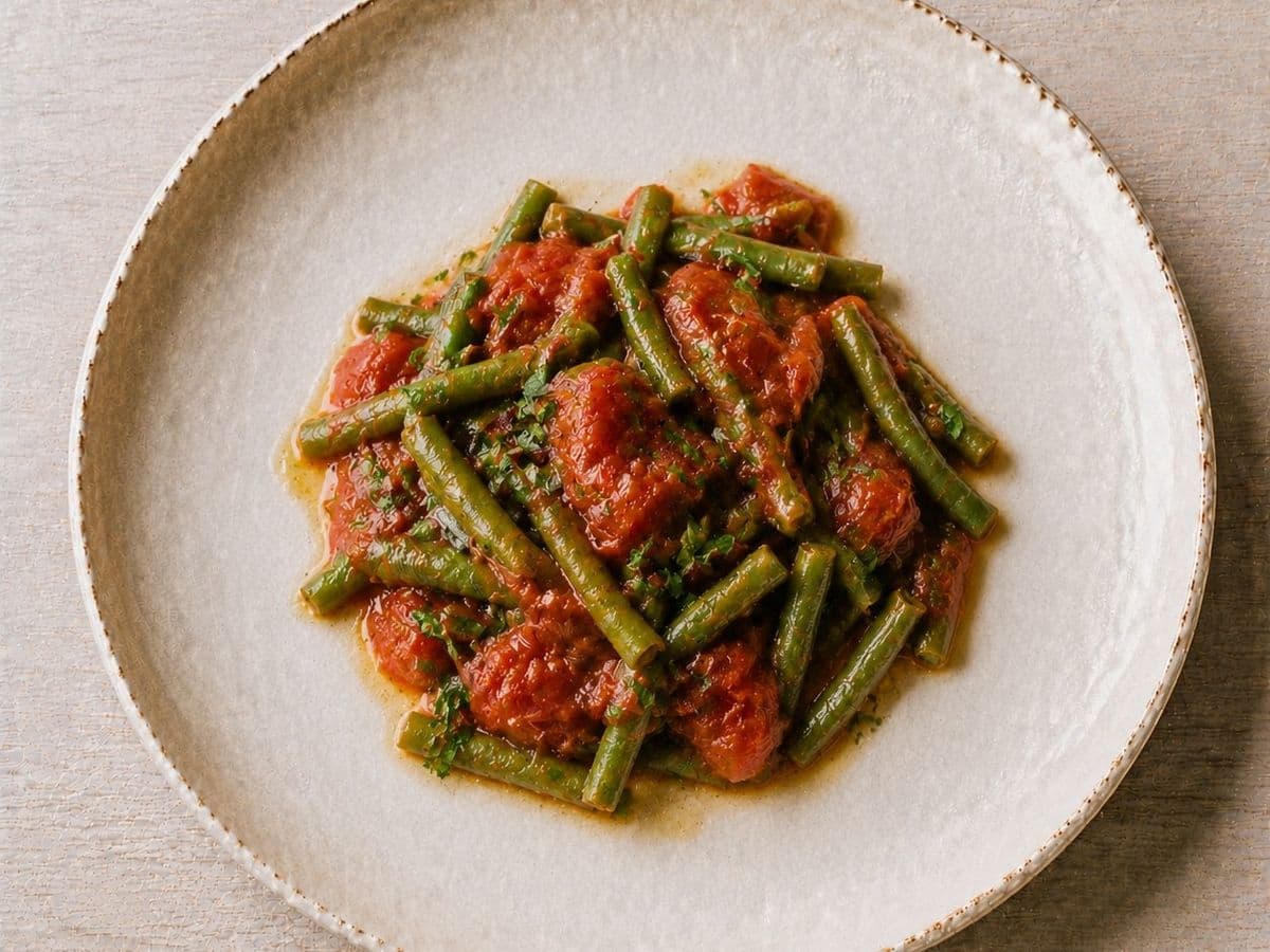 Fagiolini al Pomodoro, plated as one serving.