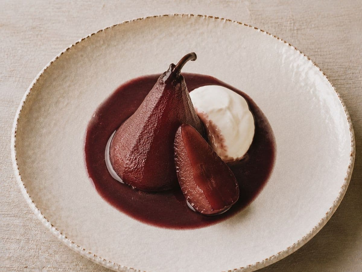 Pere al Vino Rosso, plated as one serving.