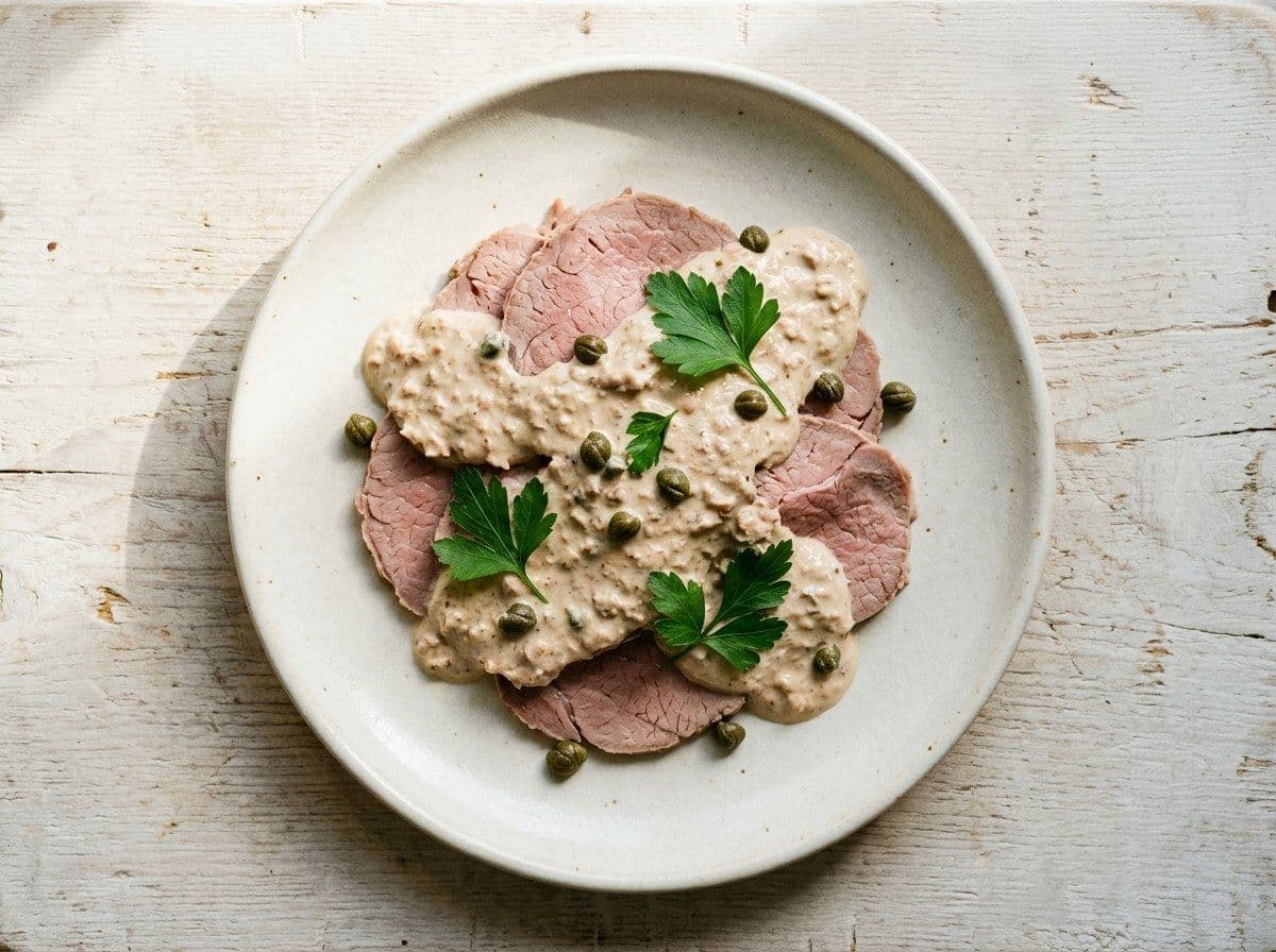 Vitello Tonnato, plated as one serving.