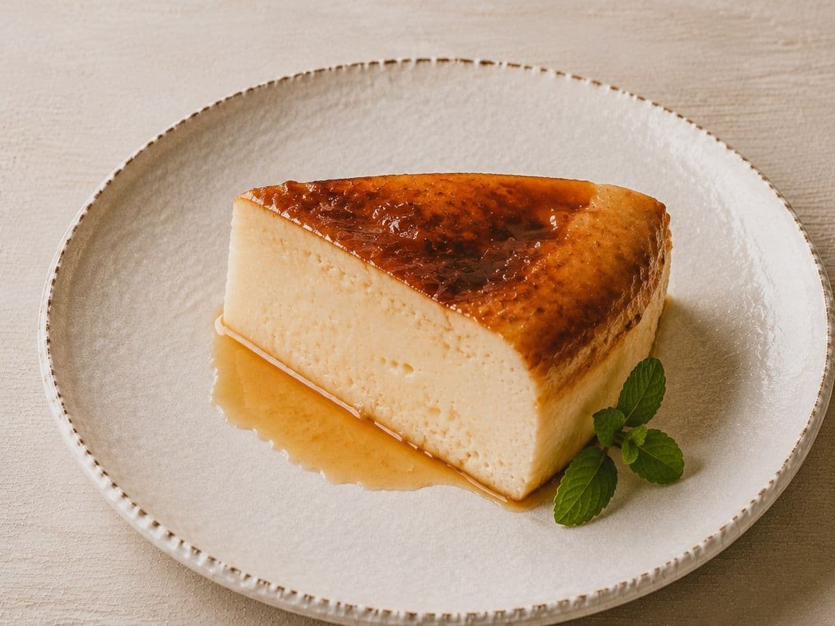 Baked Yoghurt Flan (which is not panna cotta), plated as one serving.