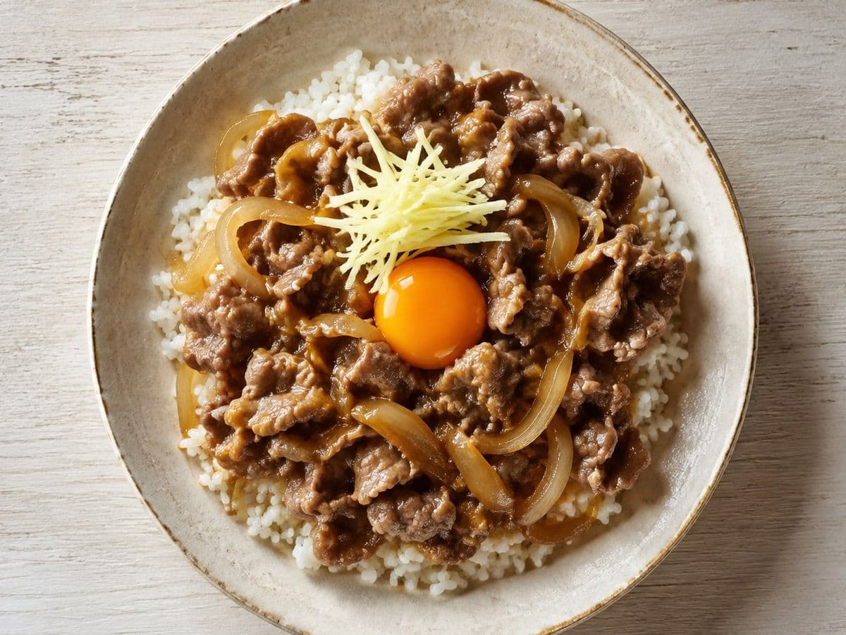 Gyudon, plated as one serving.