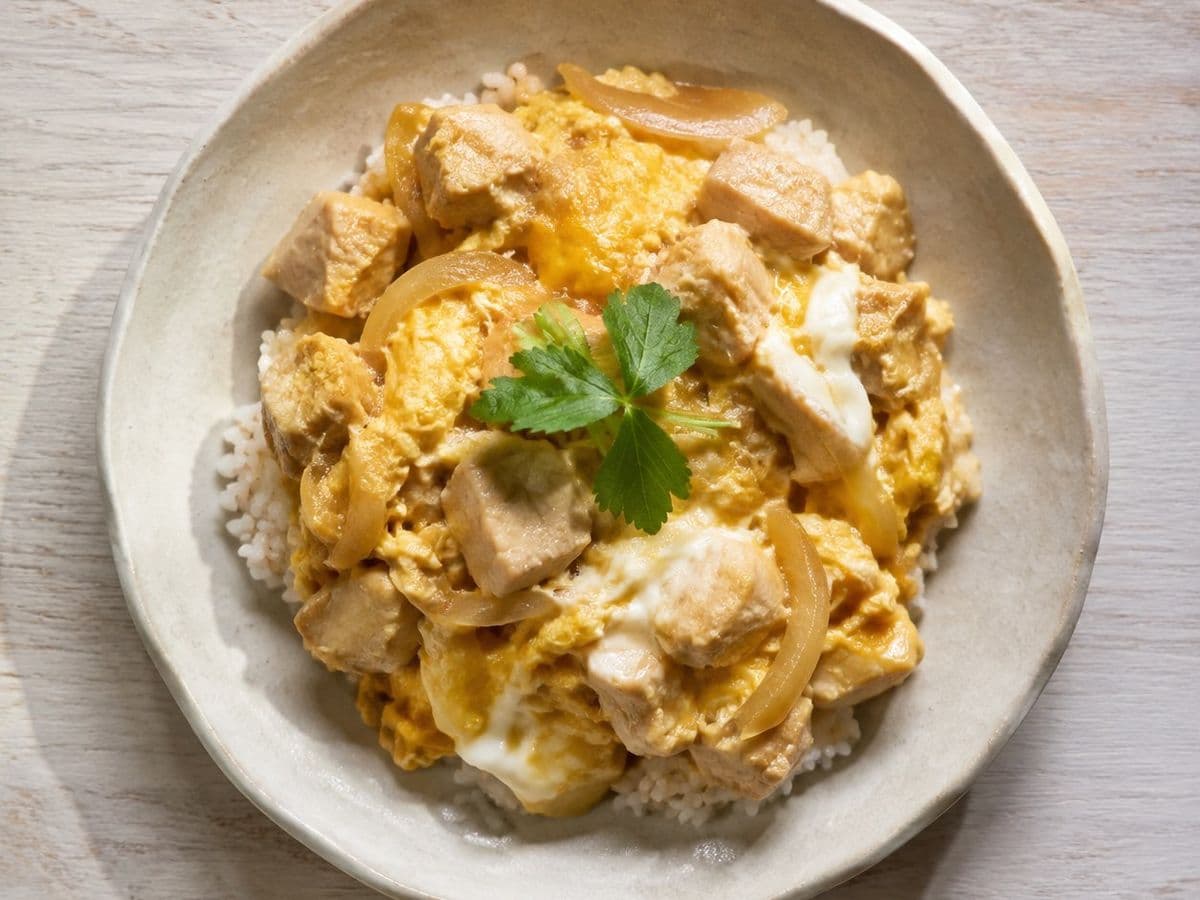 Oyakodon, plated as one serving.
