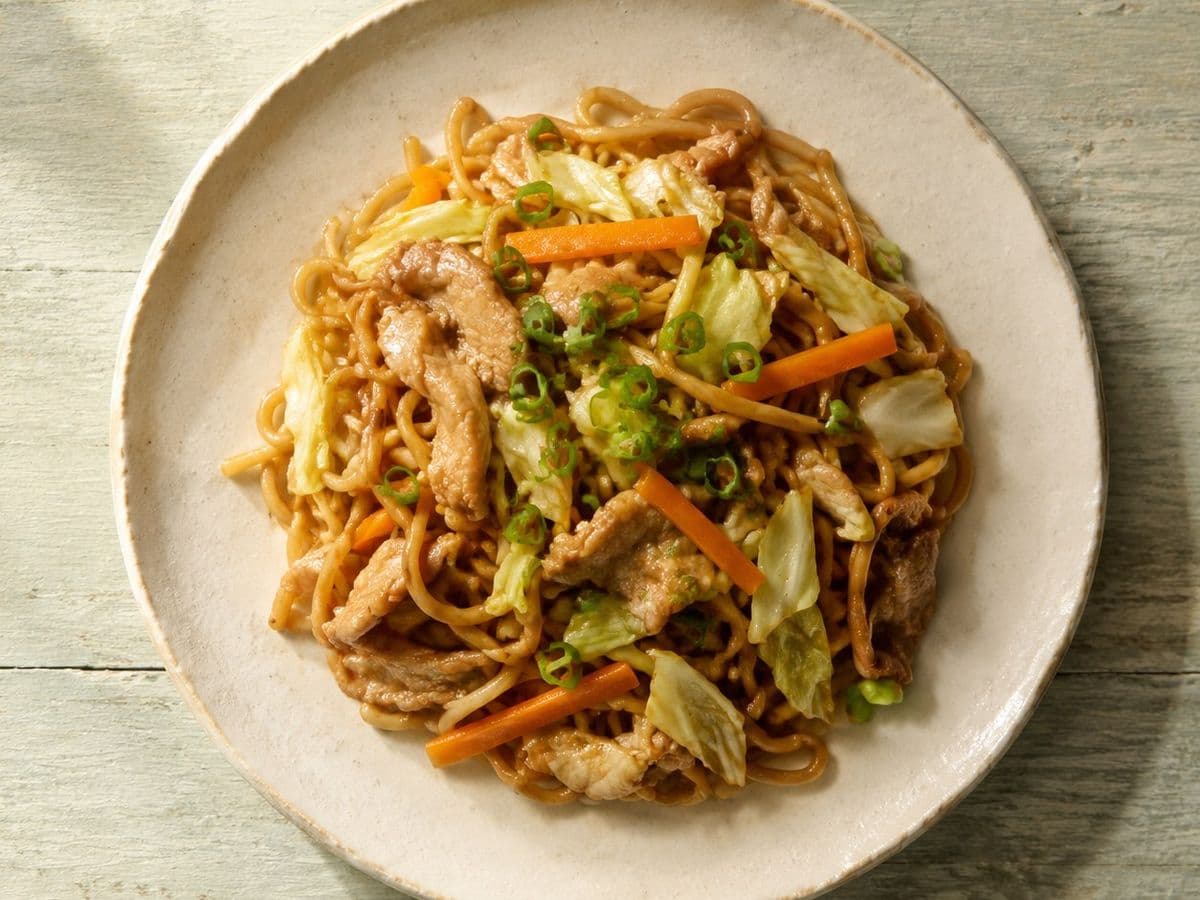 Yakisoba, plated as one serving.