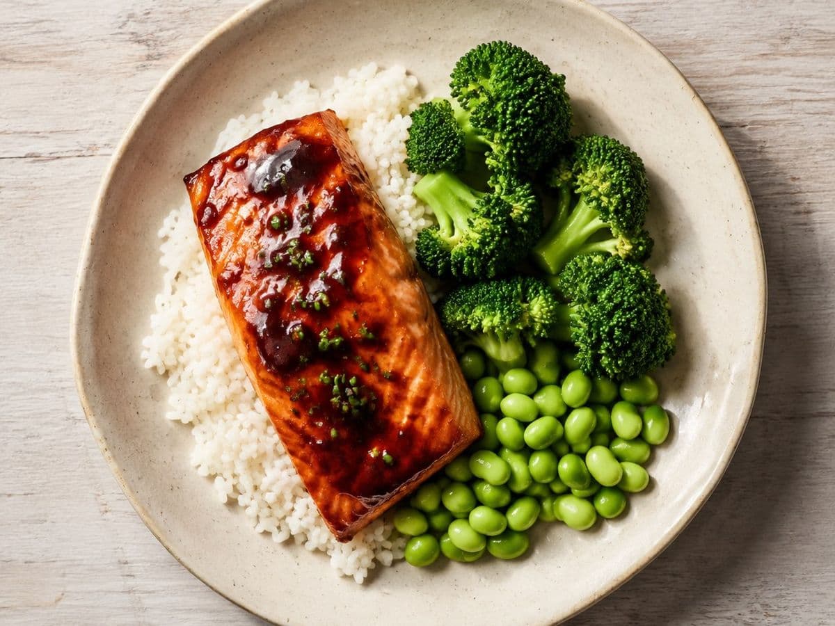 Teriyaki Salmon, plated as one serving.