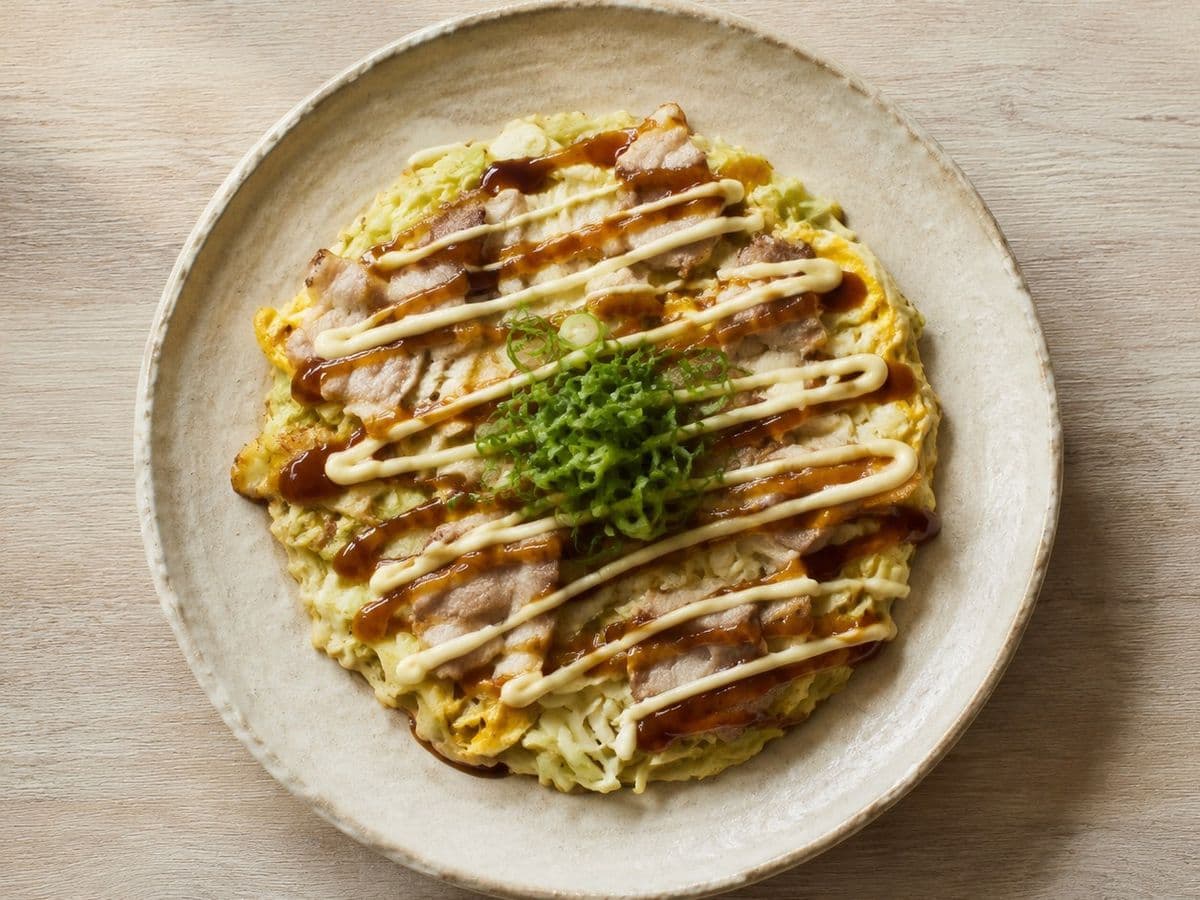 Okonomiyaki, plated as one serving.