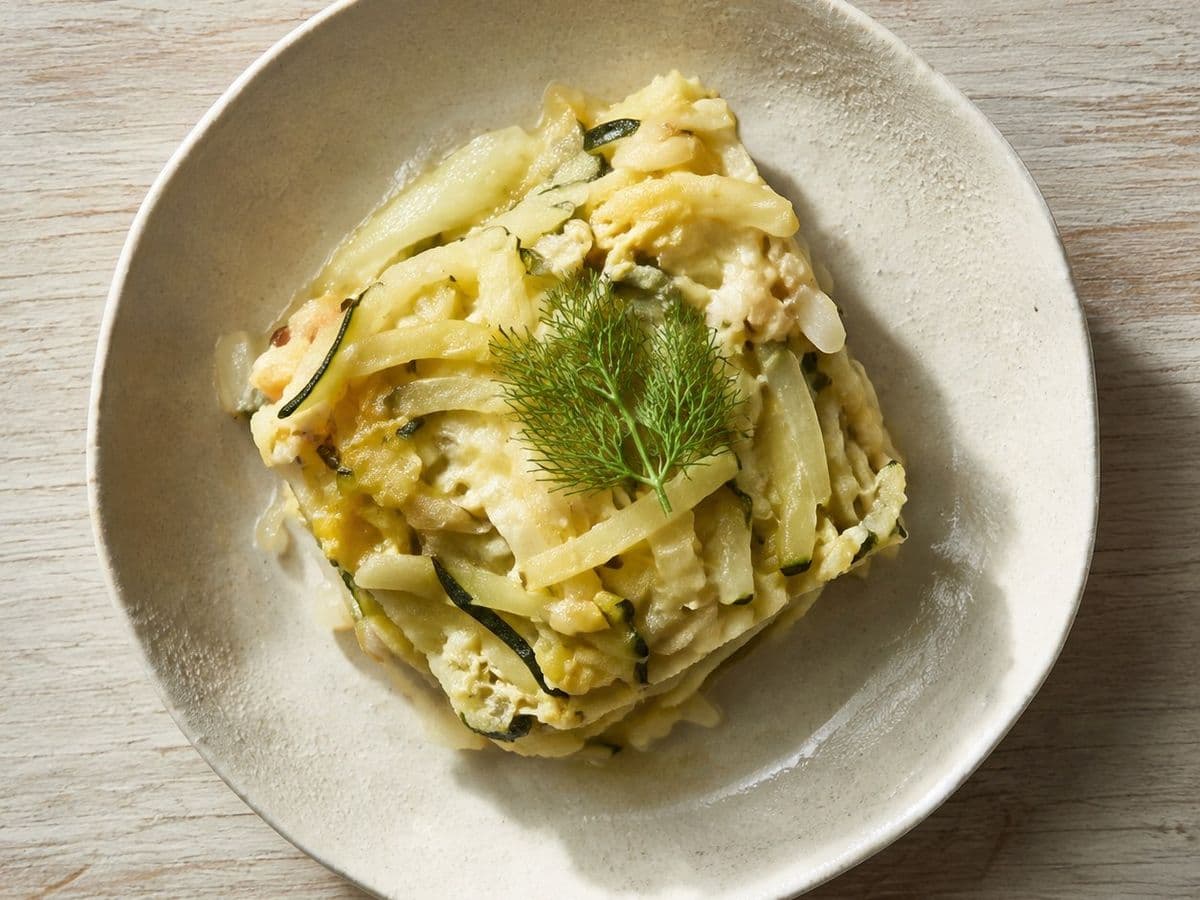 Potato Kugel, plated as one serving.