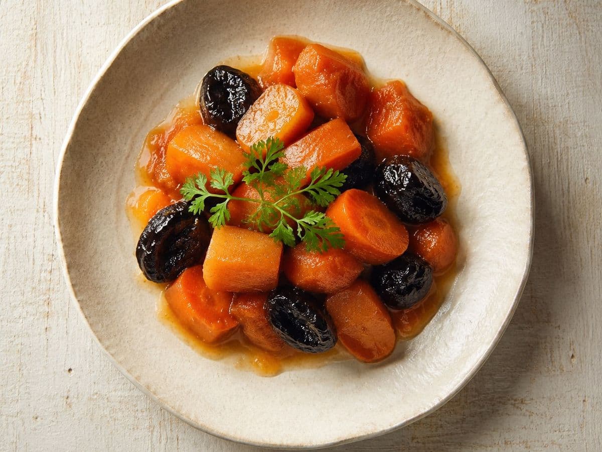 Tzimmes, plated as one serving.