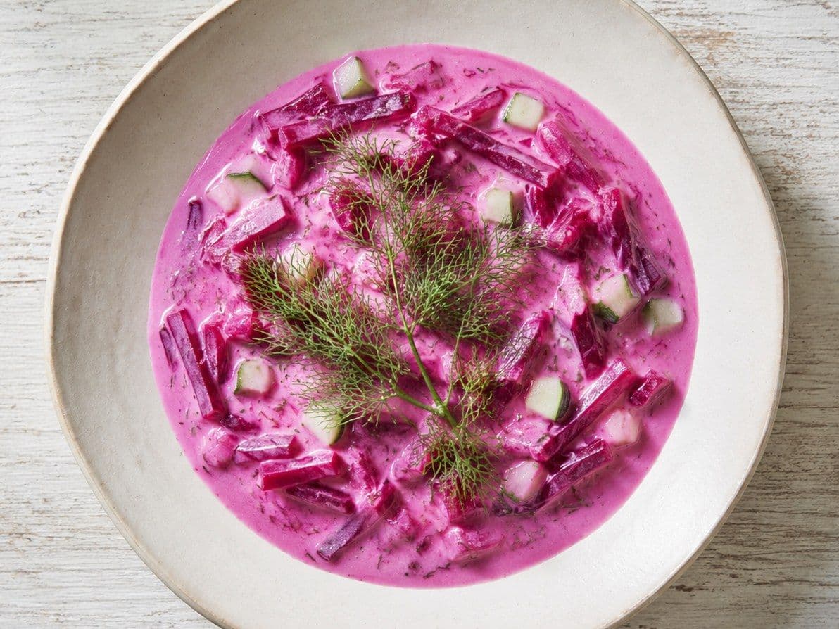 Cold Borscht, plated as one serving.