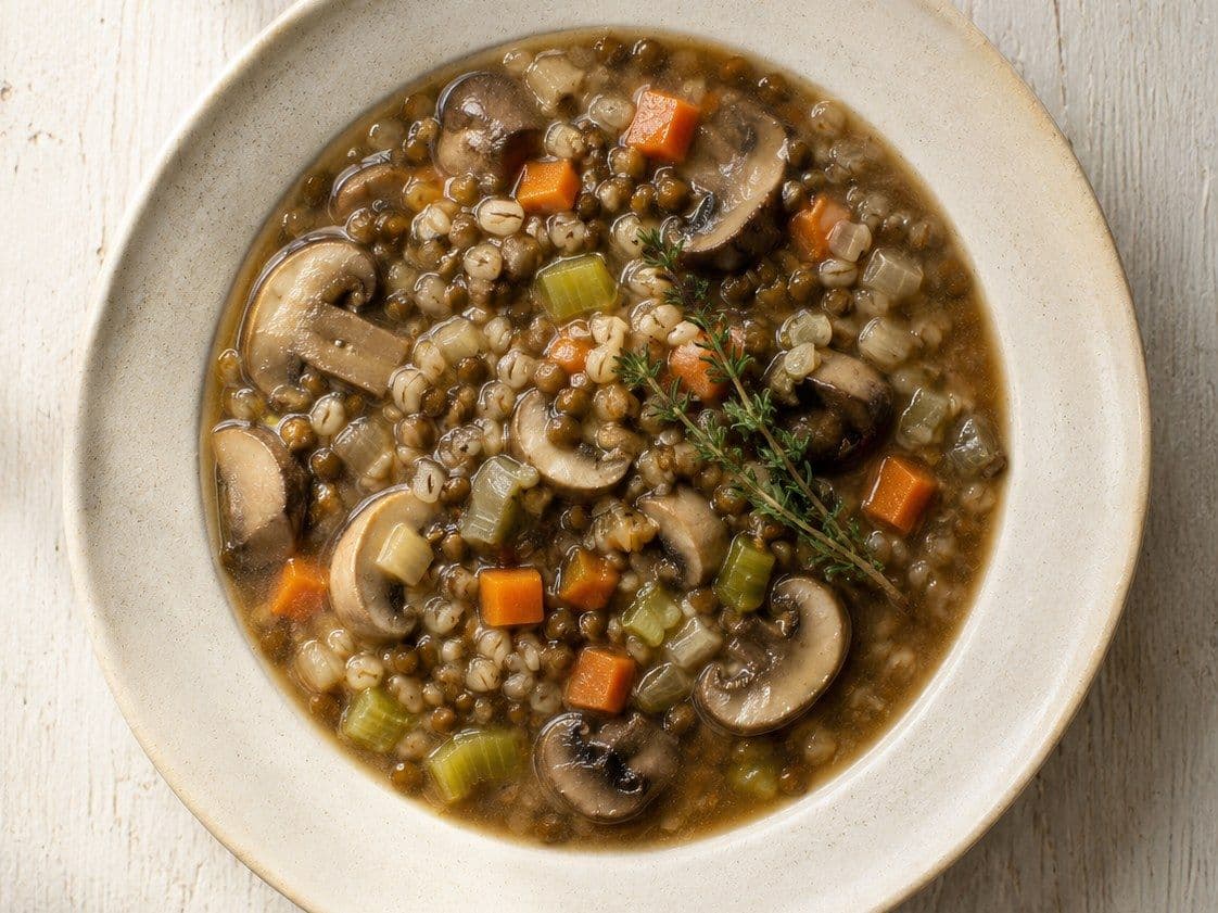 Mushroom Barley Soup, plated as one serving.