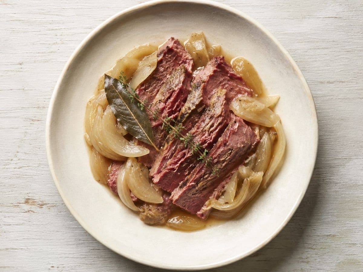 Salt Beef, plated as one serving.