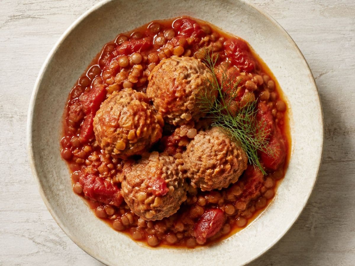 Meatballs in Tomato Sauce, plated as one serving.