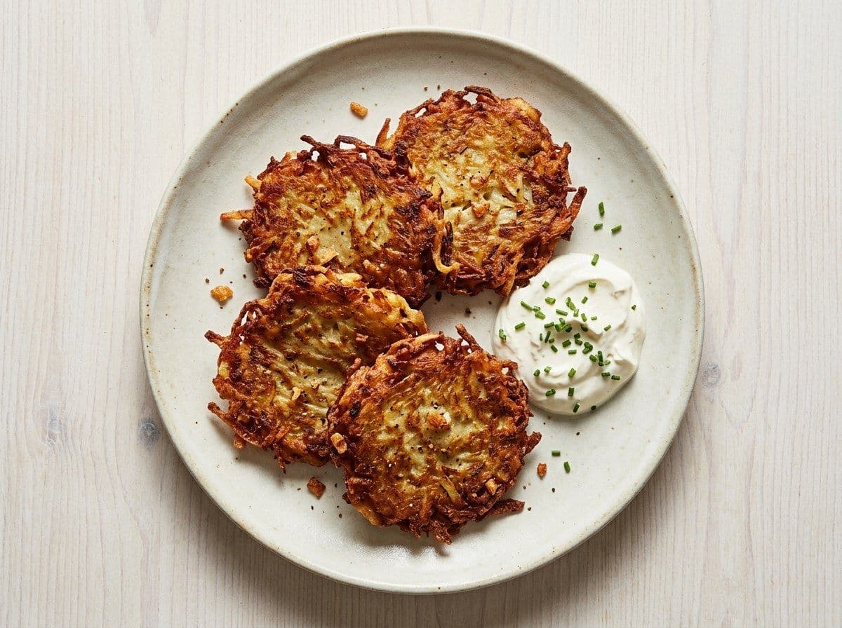 Potato Latkes, plated as one serving.