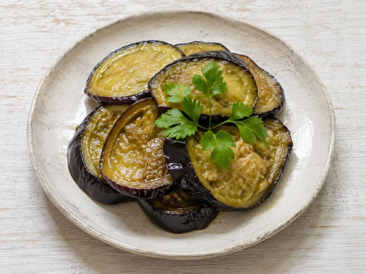 Fried Aubergine, plated as one serving.