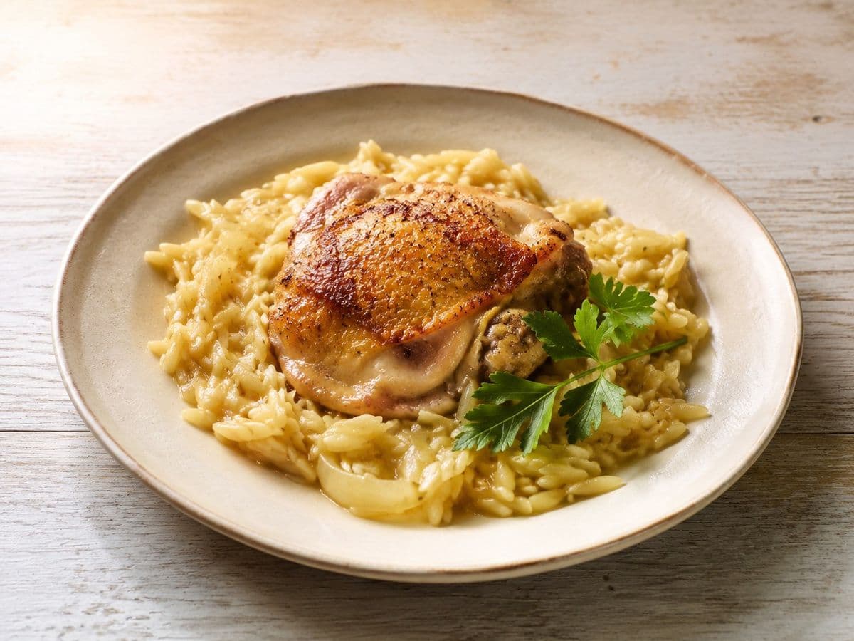 Roast Chicken with Orzo, plated as one serving.
