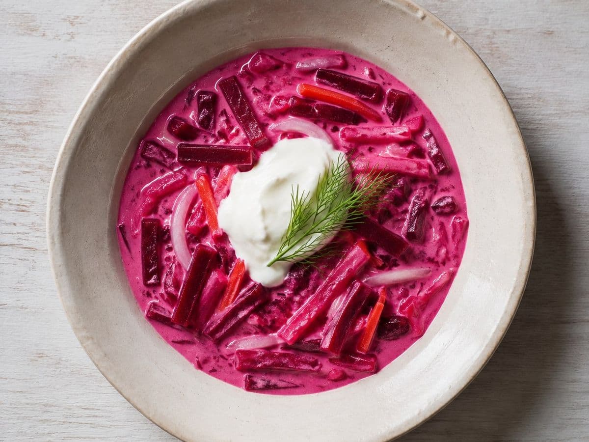 Cold Beetroot Borscht, plated as one serving.