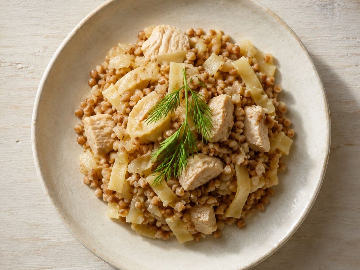 Kasha Varnishkes, plated as one serving.